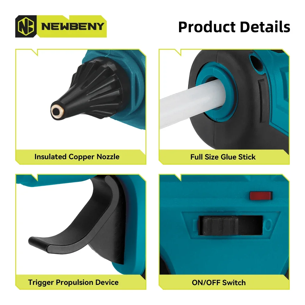 NewBeny 280 ° Pistola de pegamento de fusión en caliente inalámbrica C, barra de pegamento portátil de 11mm, herramienta eléctrica de reparación DIY