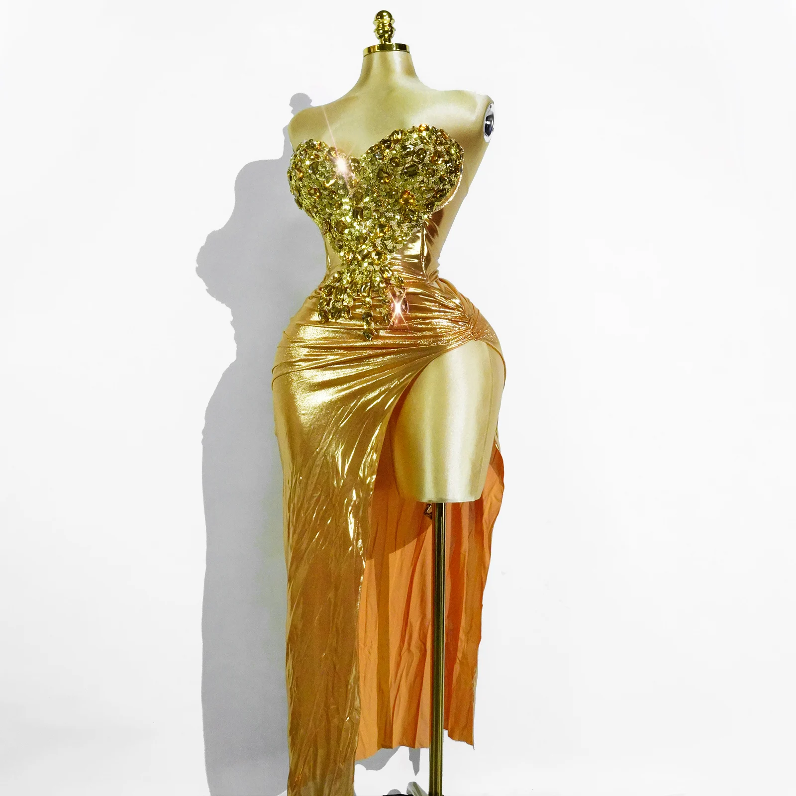 Ekskluzywne Złote Sukienki Seksowne Zestawy Top i Spódnica Siateczka Cekiny Kryształ Ślub Urodziny Impreza Klub Drag Queen Kostiumy Występ Sceniczny