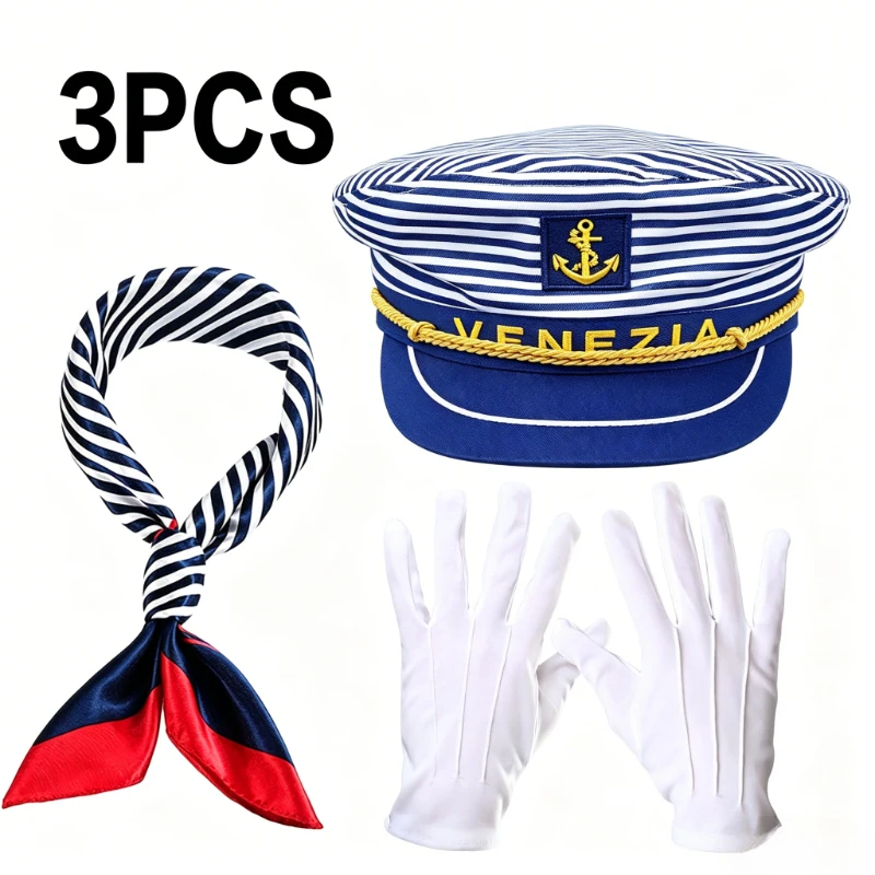 3-pcs captain hat set, yacht captain hat and scarf, suitable for both male and female captain outfits, perfect for holiday wear