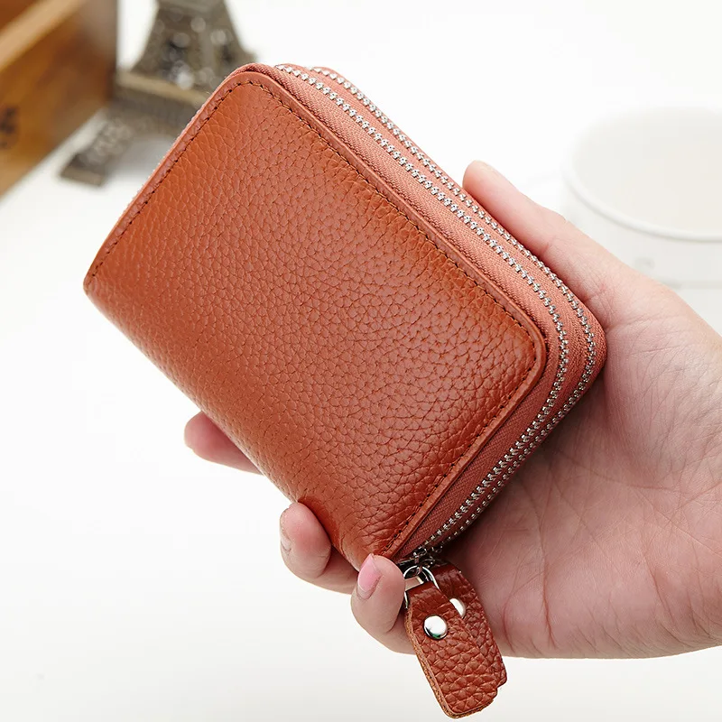 Leather Double Zipper Organ Card Holder Multifunctional Cowhide Credit Card Case Portable Large Capacity Coin Purse for Unisex