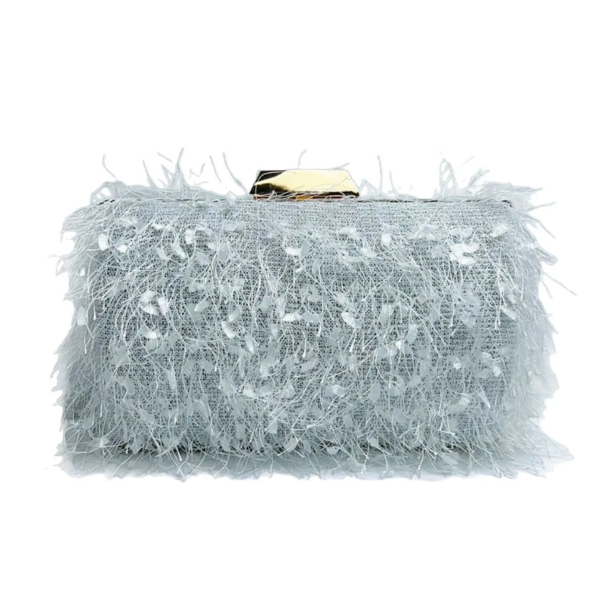 Light Blue Fluffy Feather Clutch Bag Plain Mesh Fabric Metal Lock Evening Handbag Elegant Formal Wedding Purse For Middle Ladies