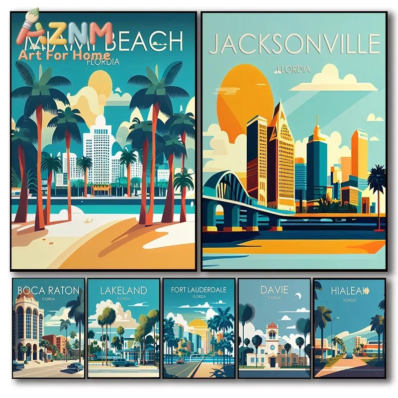 Florida Retro Travel Canvas Print Wall Art Miami Jacksonville Multi-City Vintage Poster Set Minimalist Home Decor Souvenir Gift