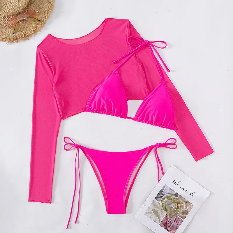 Sexy Bikini 3-teiliges Set Leopardenmuster mit langen Ärmeln Neuer Badeanzug Damen Schwimmen Low Waist Bademode Weibliche Badeanzüge