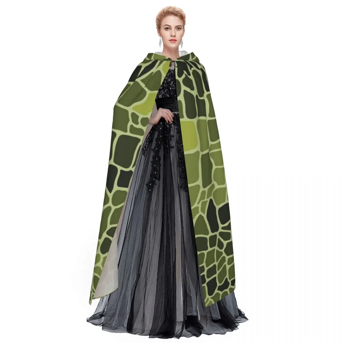 Alligator Scale Pattern Long Hooded Cloak Witch Medieval Costume Cosplay Cape HalloweenVampire Adult Unisex