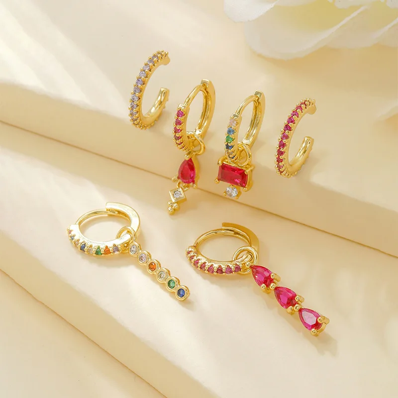 Luxury Rose Red Zircon Stainless Steel Water Drop Hoop Earring For Women 18K Gold Plated Huggie Women\'s Jewelry pendientes mujer