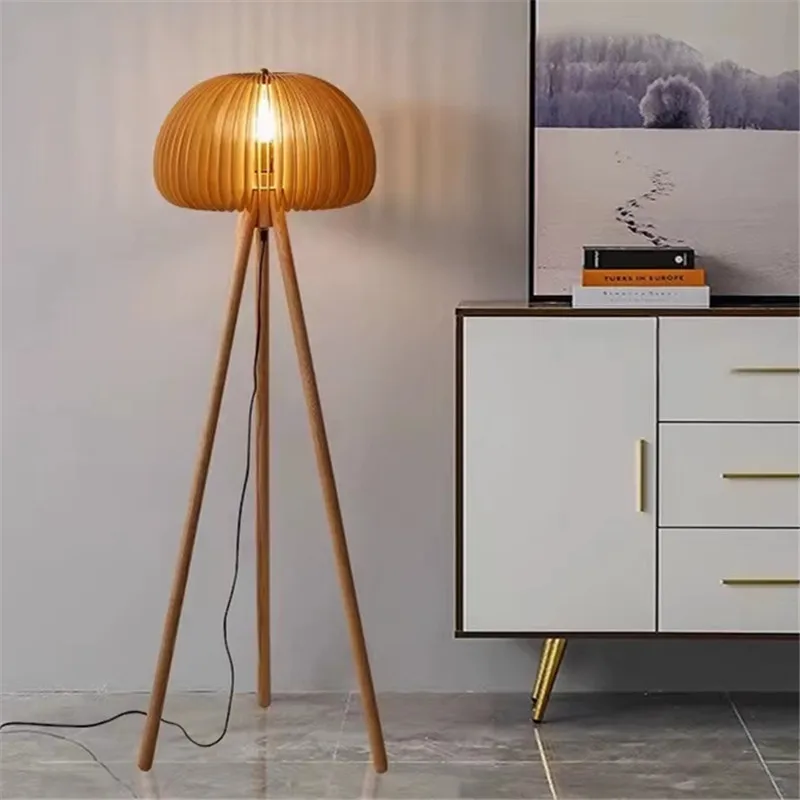 

Nordic LED Tripod Floor Lamp Wooden Orange Bedroom Bedside Villa Office Indoor Decor Simple Pumpkin Standing Light