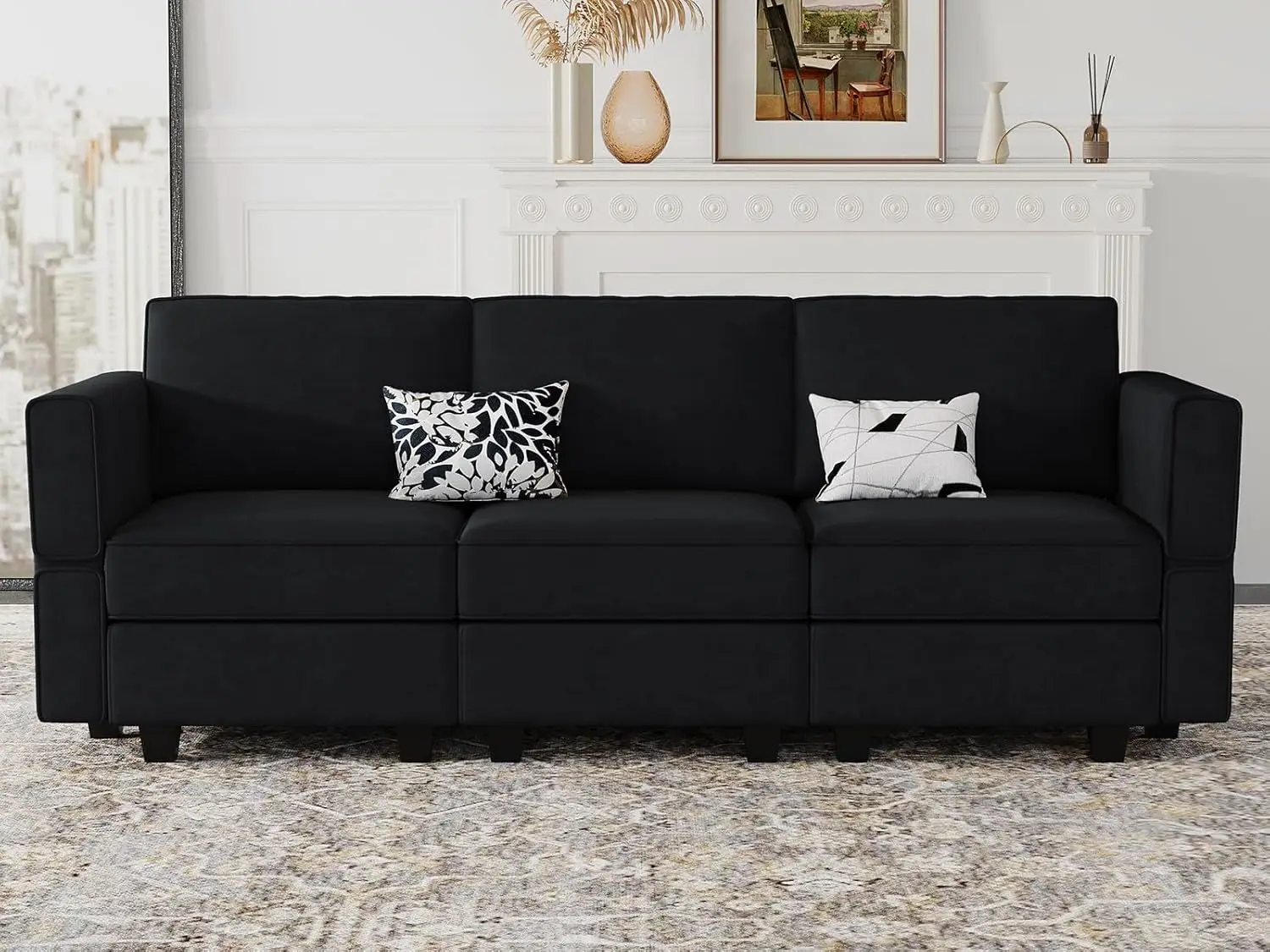 Belffin Modular Sofa Couch with Storage Seats Velvet 3 Seater Sofa for Living Room Black