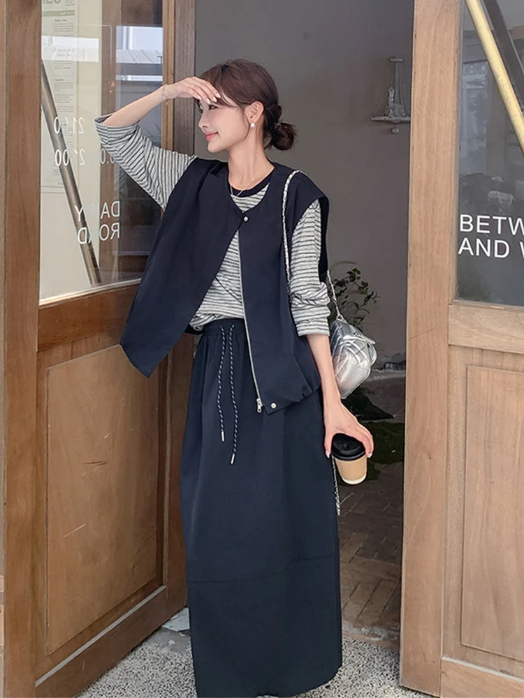 

Casual Knitted Vest Skirt Set Women's Early Spring Autumn New College Style Age Reduction Stripe Three-piece Suit Breathable