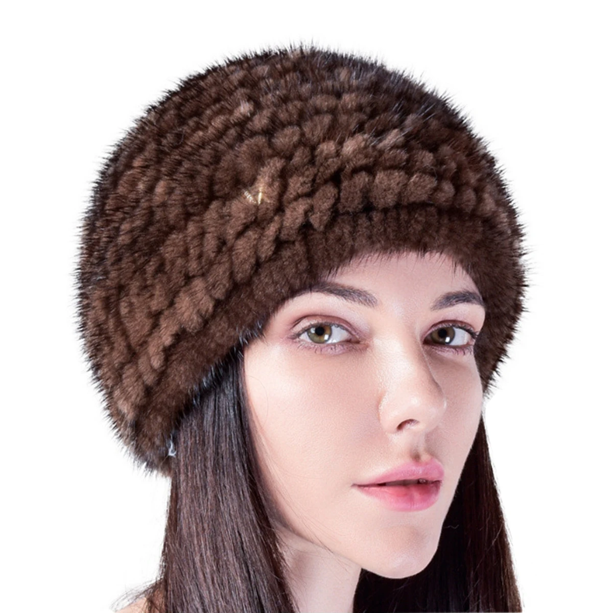 

Winter Warm Women's Double Sided Hats Mink Horizontal Pattern Woven Fur Caps Vintage All-match Elastic Small Round Beanies IL006