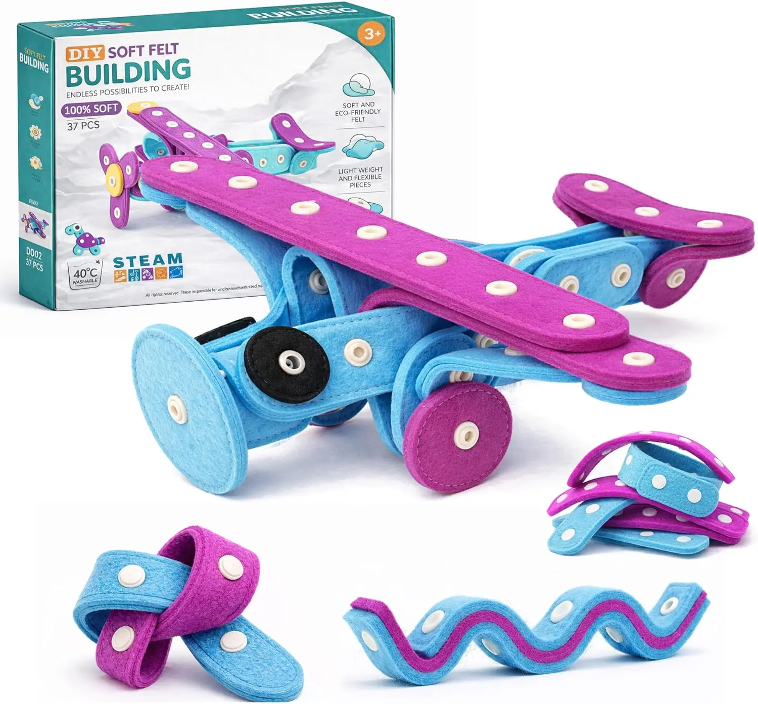 

Soft Felt Building Kit for Toddlers DIY Stackable Learning Toy 37 Piece Creative STEM Construction Airplane Train Animal Builds