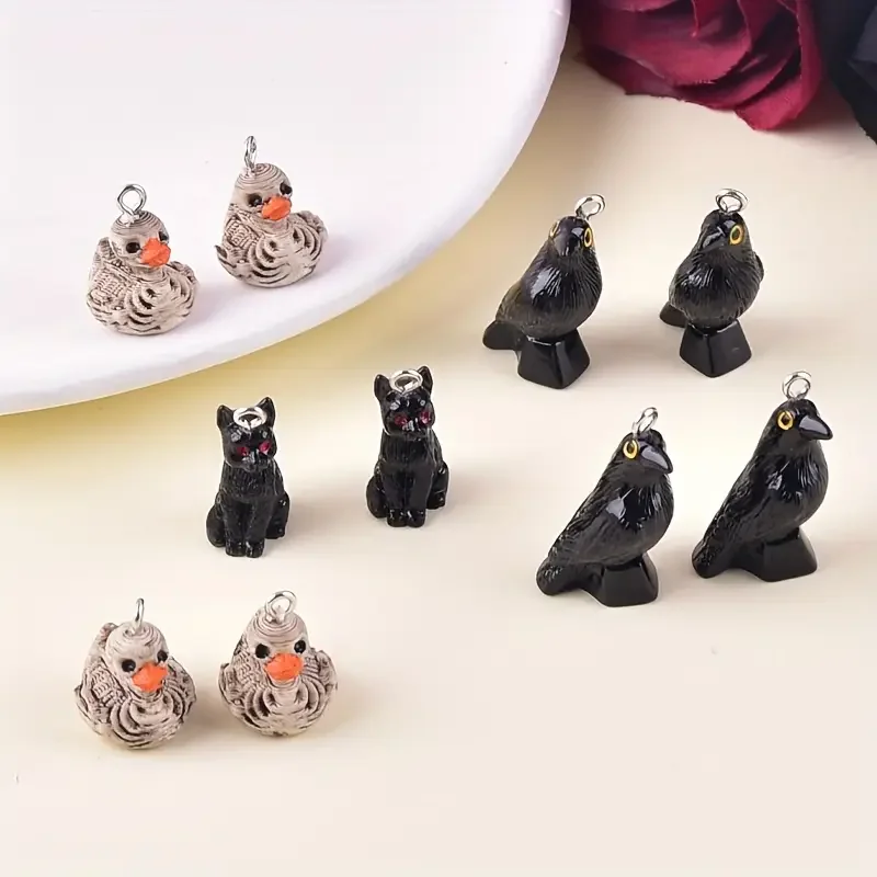 

10pcs Gothic Black Resin Animal Charms, DIY Jewelry Making, Necklace & Earring Accessories, 3D Standing Cat, Crow, Duck Pendants