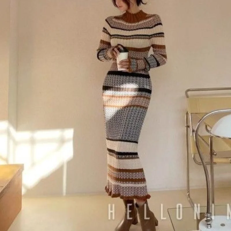 Women Autumn Winter New Half High Neck Knit Sweater Dress Fashion Gentle Style Retro Stripe Waist and Hips Long Sleeves Dress