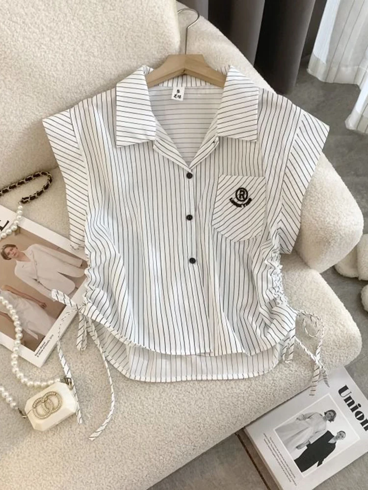 Jmprs Striped Letter Shirt Women Vintage Preppy Style Cute Flying Sleeve Blouse Summer Casual Loose Korean Shirring Female Tops