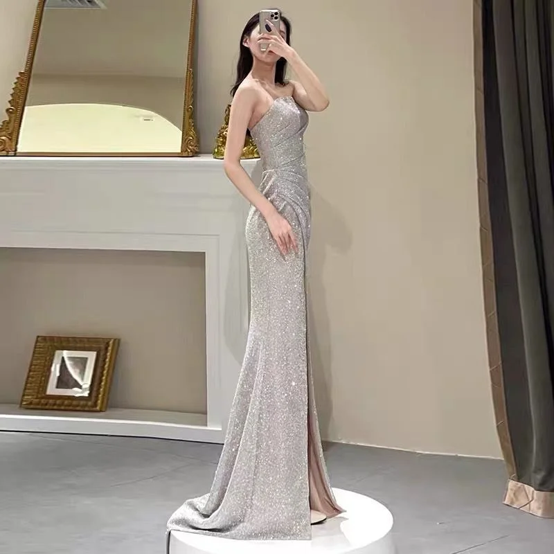 Customized Sexy Silver Sequin Mermaid Dress Strapless Sleeveless Floor Length Shinny Celebrity A Line Slim Evening Women Slipt P