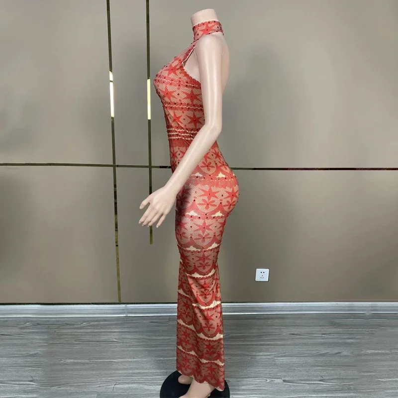 새로운 여성 파티 웨딩 축하 의상 레드 라인스톤 롱 드레스 무대 캣워크 가운 의상 축제 의상 클럽웨어