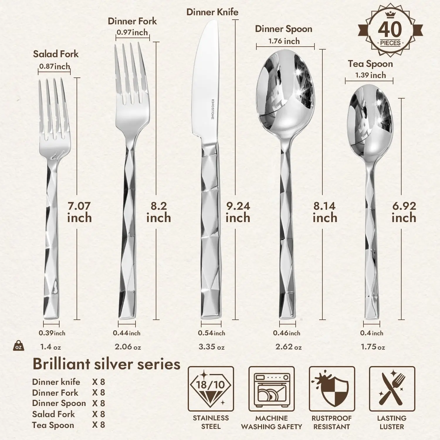 Silverware Set, Luxury 40 Piece Flatware Set for 8, 18/10 Stainless Steel Cutlery Set with Diamond Cut Pattern for Kitchen, Home
