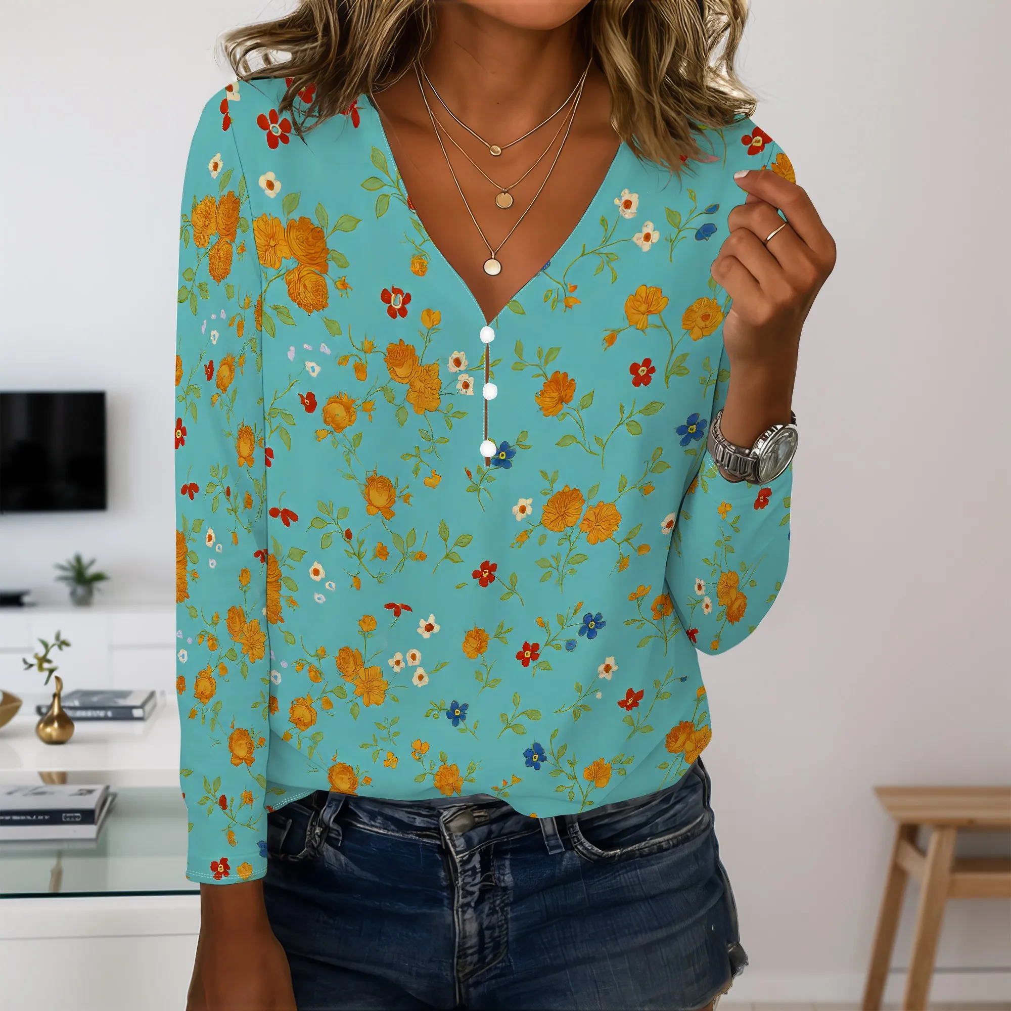 Camicette da donna con stampa floreale Boho per donna Camicetta carina con bottoni casual eleganti Camicie a maniche lunghe con scollo a V Top a tunica