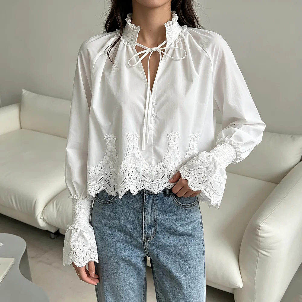 White New Long Sleeve Lace Embroidery Decorative Romantic Shirt Beach Vacation Unique