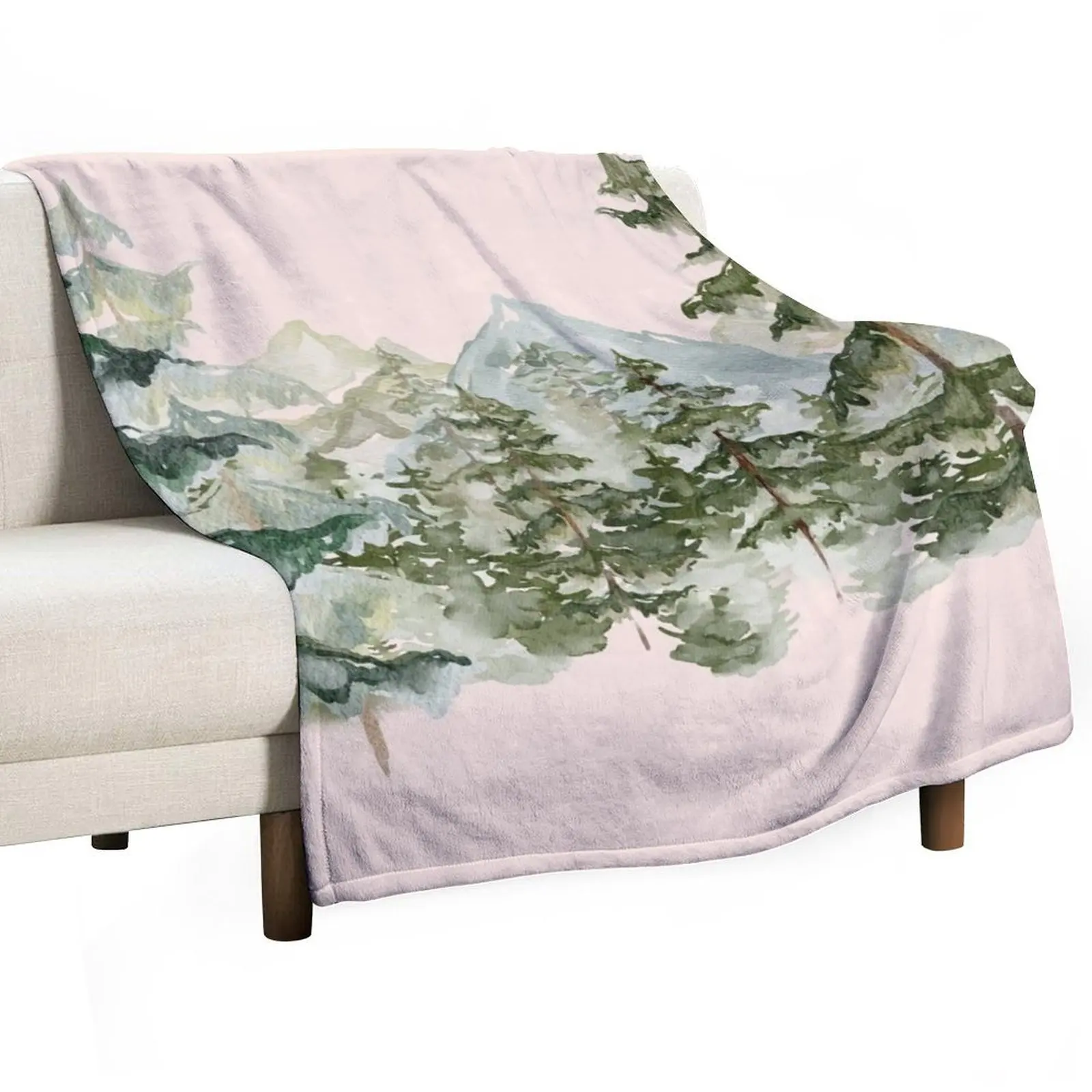 

Watercolor Pine Forest and mountain Aesthetic Graphic Throw Blanket Fluffy Softs warm for winter Luxury Throw Blankets