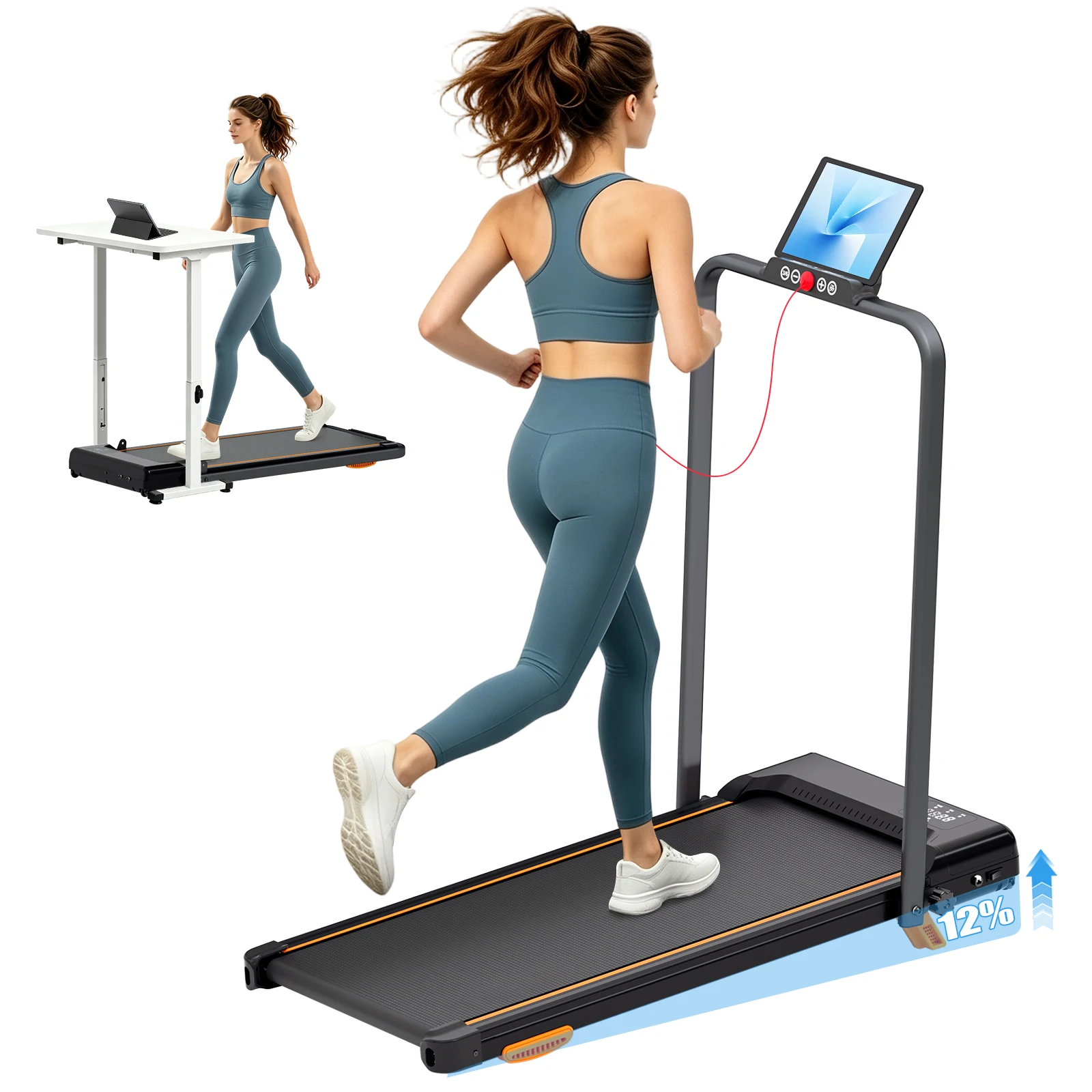 3.0HP Foldable Treadmill with 12% Incline, 0.6-8MPH Quiet Motor, 330LBS Load Capacity, Shock Absorption Design, Foldable Handrail & Wheels, LED Display Tablet Holder, Multi-Mode Home Office Under Desk Walking Pad