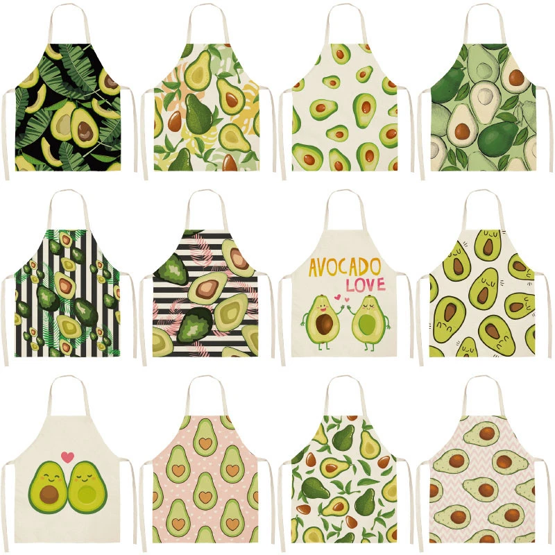 1PC  Cotton Linen Apron Avocado Printed Kitchen Women Baking Waist Bib Home Cooking Brief Sleeveless Pinafore 55x68cm