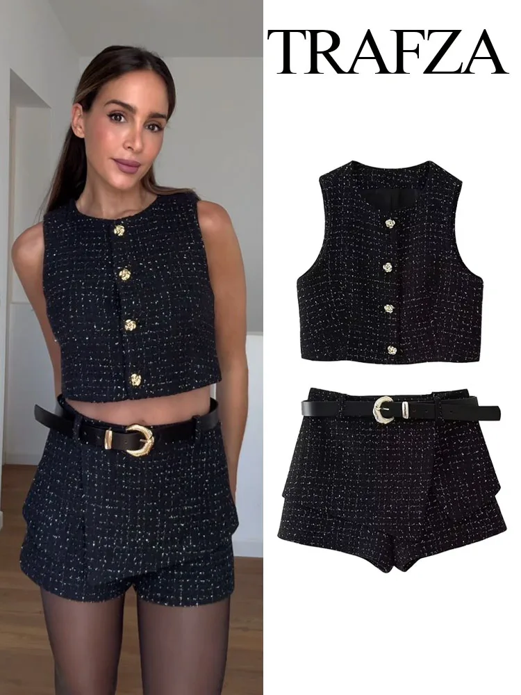 TRAFZA Women Fashion Suit Black O-Neck Sleeveless Buttons Single Breasted Waistcoat+High Waist Belt Decoration Shorts Female Set