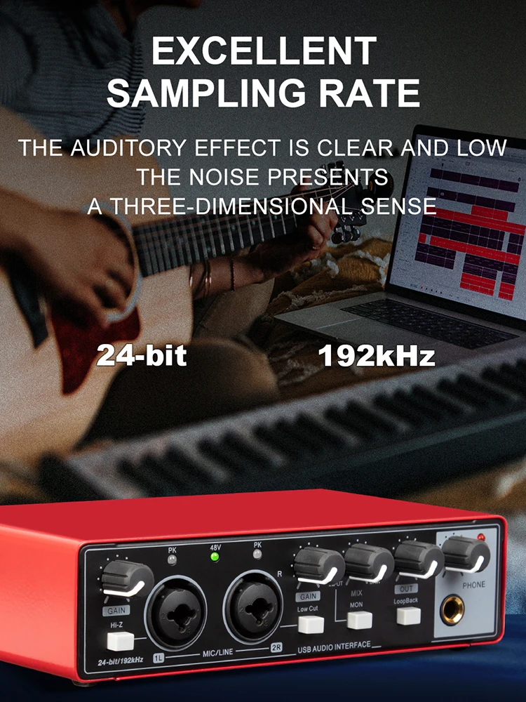 MD22 Sound Card 48V Phantom Power USB Audio Interface with Loopback Monitor for Audio Equipment Guitar