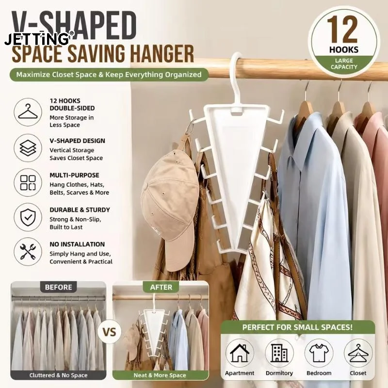 V Shaped Space Saving Hanger 12 Hooks Clothes Organizer Vertical Closet Storage Rack For Bedroom Wardrobe Hat Belt Scarf