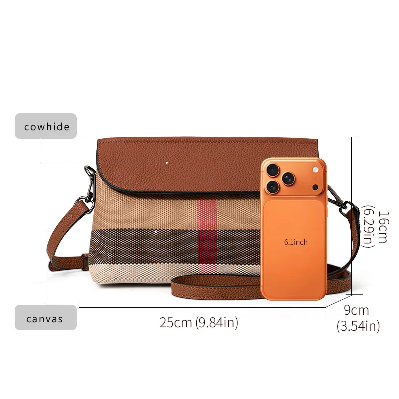 Aidrani Women Spliced Canvas Cowhide Crossbody Purse, Plaid Pattern Adjustable Shoulder Bag, Casual Handbag for Daily Outdoor view 5