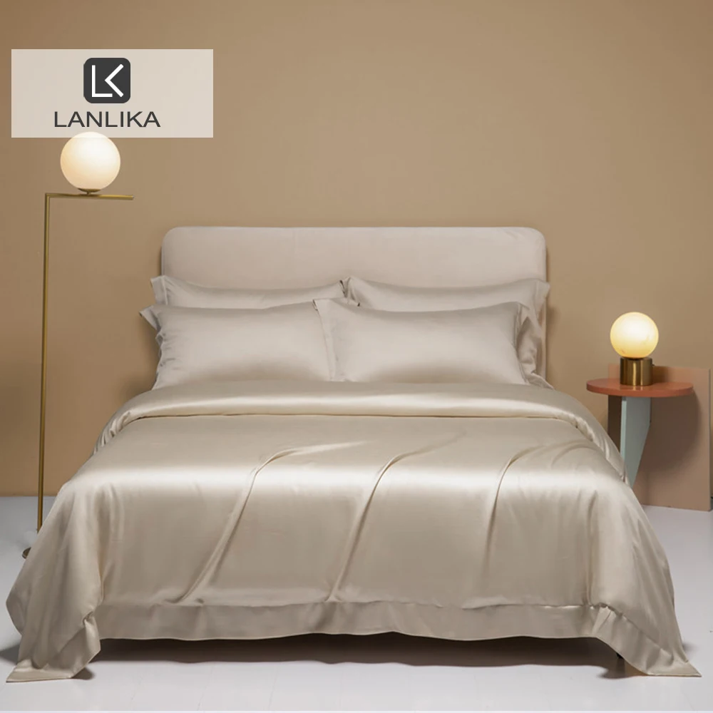 

Lanlika женский натуральный комплект постельного белья из 100% шелка Queen King Camel однотонный пододеяльник плоская простыня комплект постельного белья с наволочкой