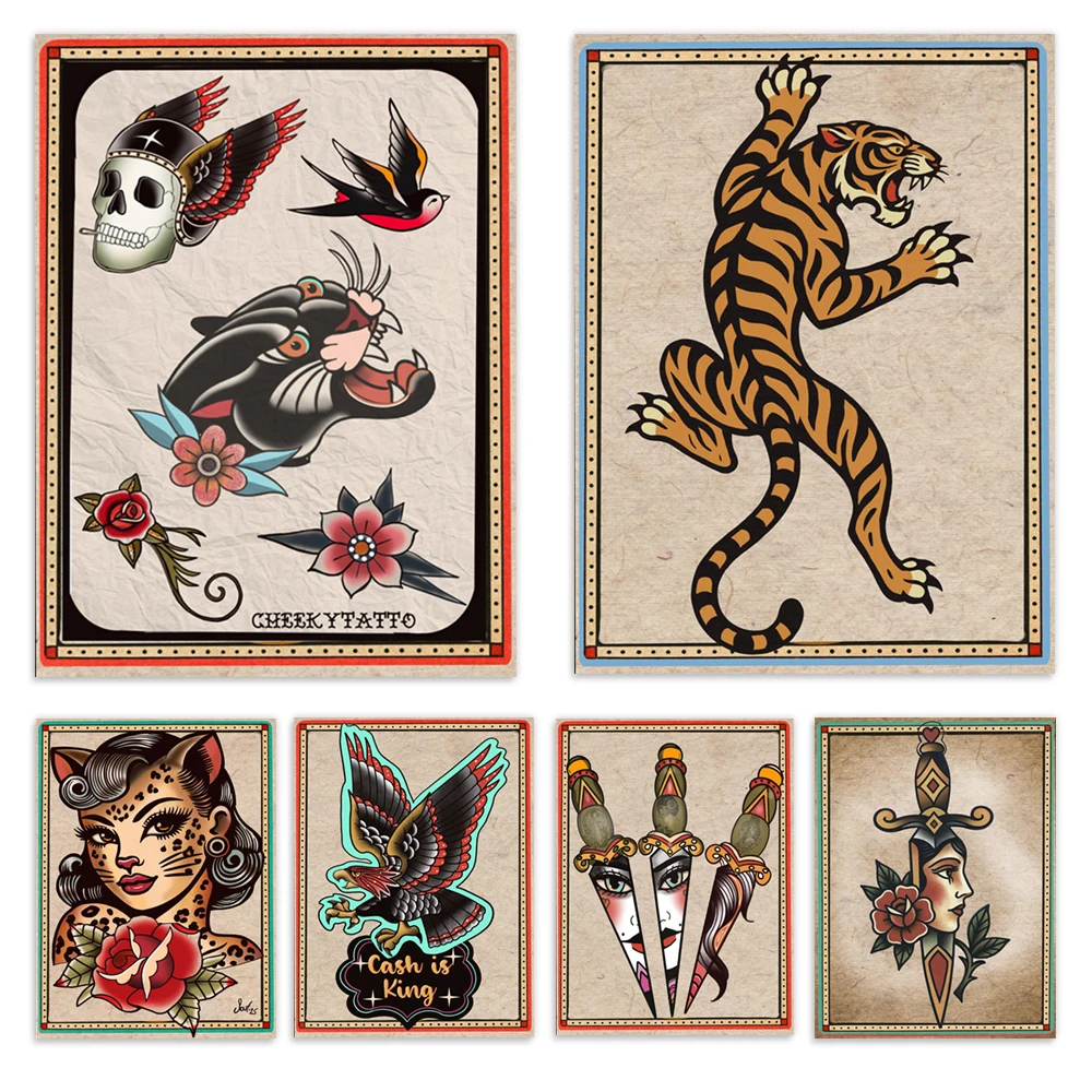 Tattoo art: black panther, skull, chain heart, roaring tiger, contortionist, leopard cat, traditional knife face tattoo posters.
