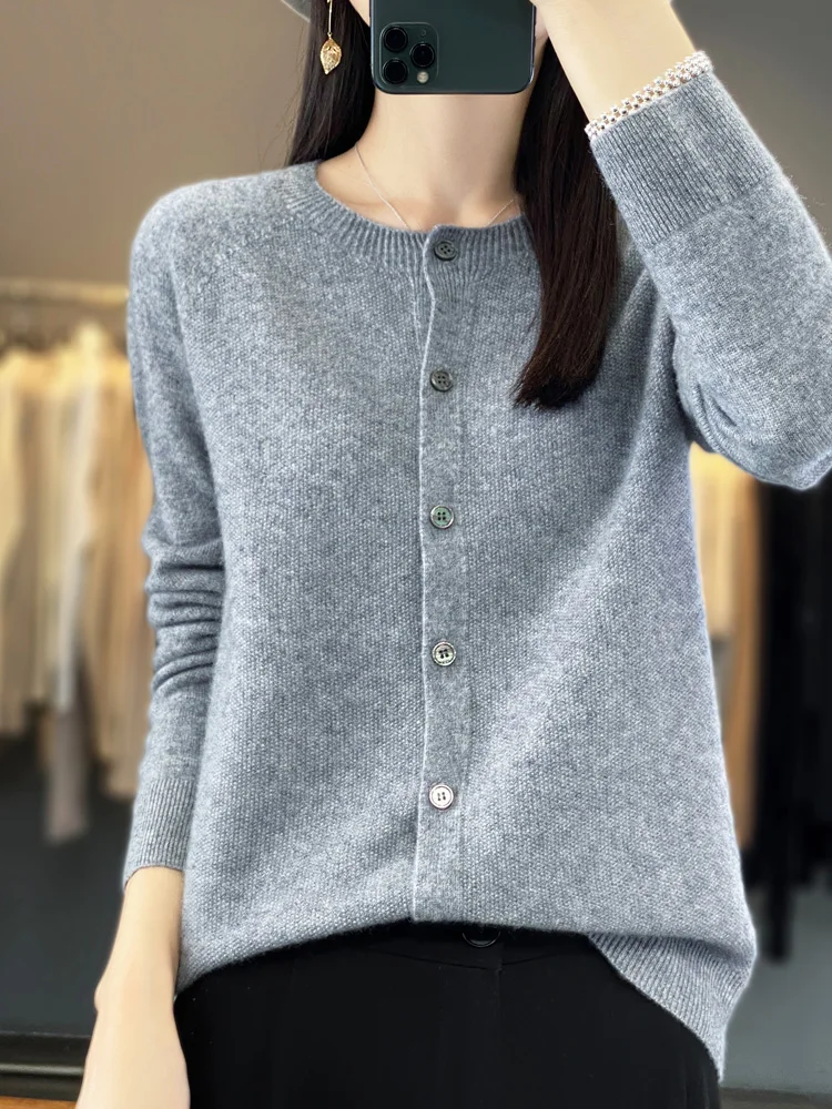 Cardigan à manches longues et col rond pour femmes, pull basique décontracté, tricots en laine mérinos, vêtements doux monochromes, mode printemps et automne, 100%