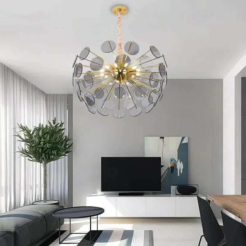 Lámpara de araña de lujo para sala de estar, luz italiana, disco minimalista nórdico, pétalo de cristal, luces colgantes minimalistas para comedor