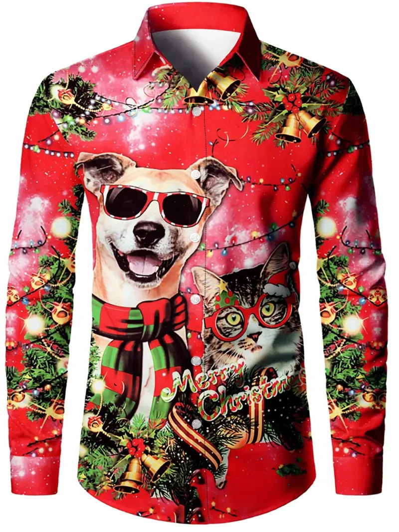 

Christmas Dog and Cat Pattern Print Men's Flip-over Fashion Comfortable Long Sleeve Shirt Men's Clothing Top
