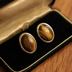 Natural Tiger Eye Stone Stud Earrings Retro Classic Geometric Round Ear Studs Buckle For Women Girls Ear Jewelry Party Gift