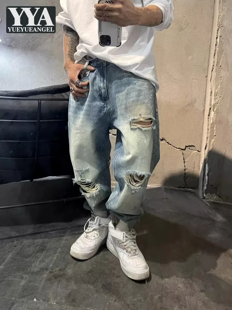 

Mens Hole Ripped Denim Harem Pants Spring New Jeans Loose Fit Cowboy Baggy Pants Casual Streetwear Vintage Washed Long Trousers