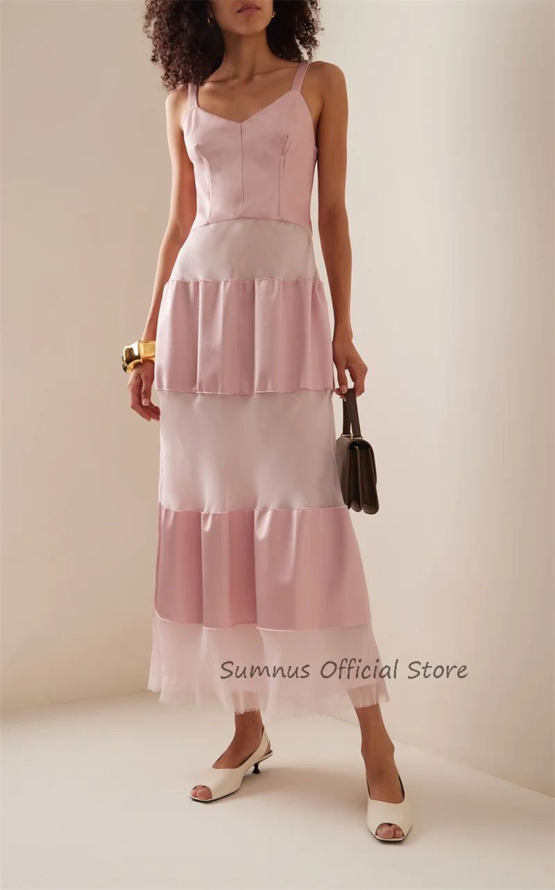 SUMNUS Modern Pink Party Dresses V Neck Straps Evening Party Dress New Fashion Casual Beach Outfit Graduation Sleeveless Gowns