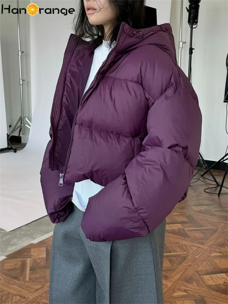HanOrange 2024 Winter Vintage High Waist Women 90% Duck Down Jacket Hooded Thick Warm Short Coat Black/Off White/Purple