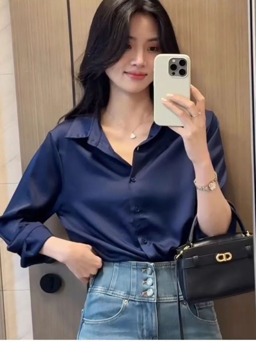 

Женские атласные рубашки с длинным рукавом, тонкие, новинка 2025, осенняя офисная женская рабочая одежда, однотонная блузка для поездок на работу, элегантные женские топы, шикарные