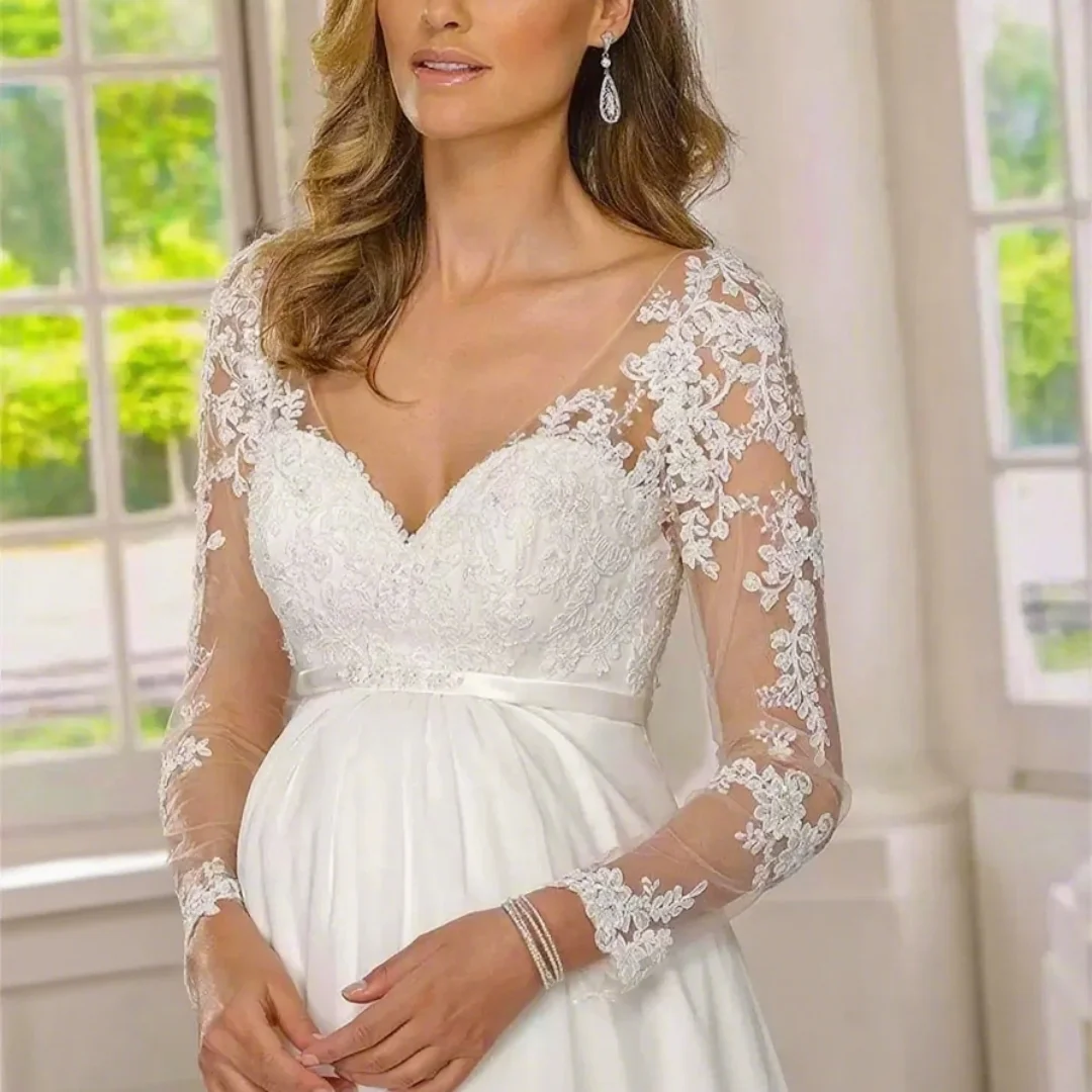 

Customized maternity wedding dress, chiffon A-line, illusion lace appliqués, formal wedding gown for brides