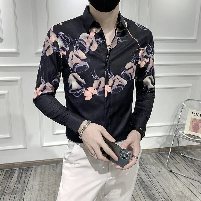 Floral coreano 2023 camisa de outono fino ajuste casual camisa social dos homens manga longa noite clube masculina camisa de flor de luxo