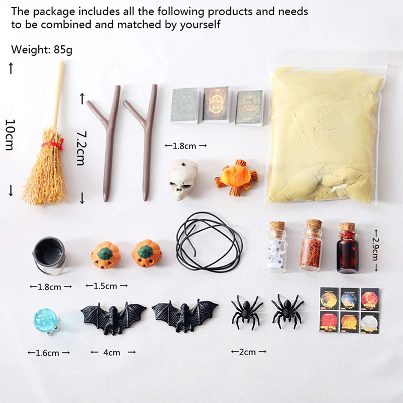 1Set 1:12 Dollhouse Miniature Halloween Horror Decor Toy Bat Skull Head  Broom Spider Pumpkin Head Magic Book Ornament DIY Toy