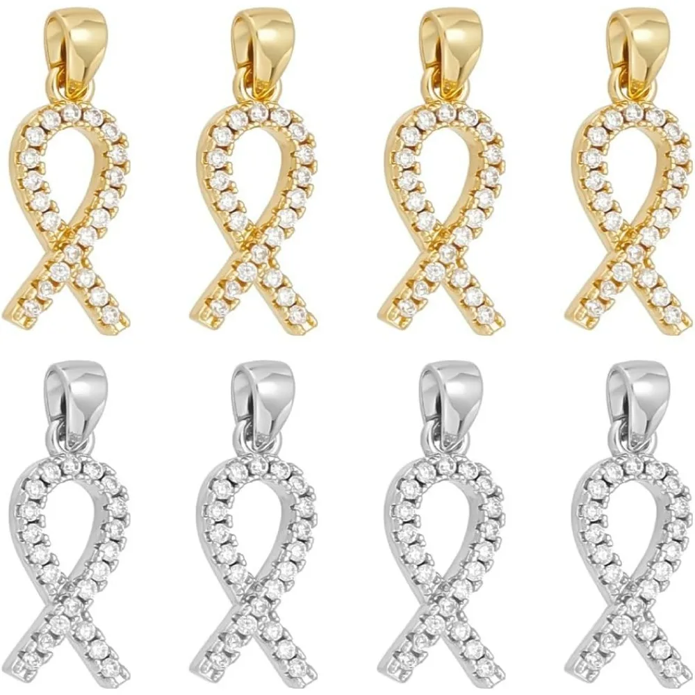 

8Pcs 2 Colors Real Awareness Ribbon Charm Brass Breast Cancer Hope Charms Brass Micro Pave Cubic Zirconia