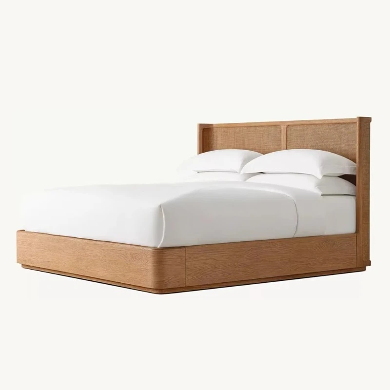 2025 cabeceira de plataforma king de madeira maciça francesa com armazenamento e placa de vime tecida