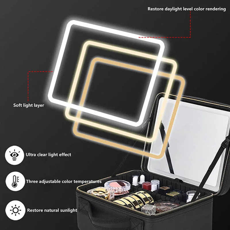 New LED Lighted Cosmetic Case with Mirror Waterproof PU Leather Portable Travel Makeup Storage Bags