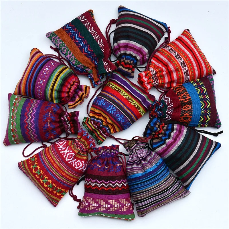50pcs/Lot 10x14cm 13x18cm Ethnic Style Striped Cotton Bag Candy Gift Jewelry Cosmetics Drawstring Storage Gift Bag