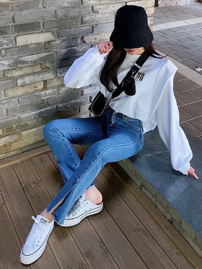 Afslankende denim jeans met hoge taille en split aan de voorkant Trendy vintage gevoel dames Faion lente herfst l taille jeans