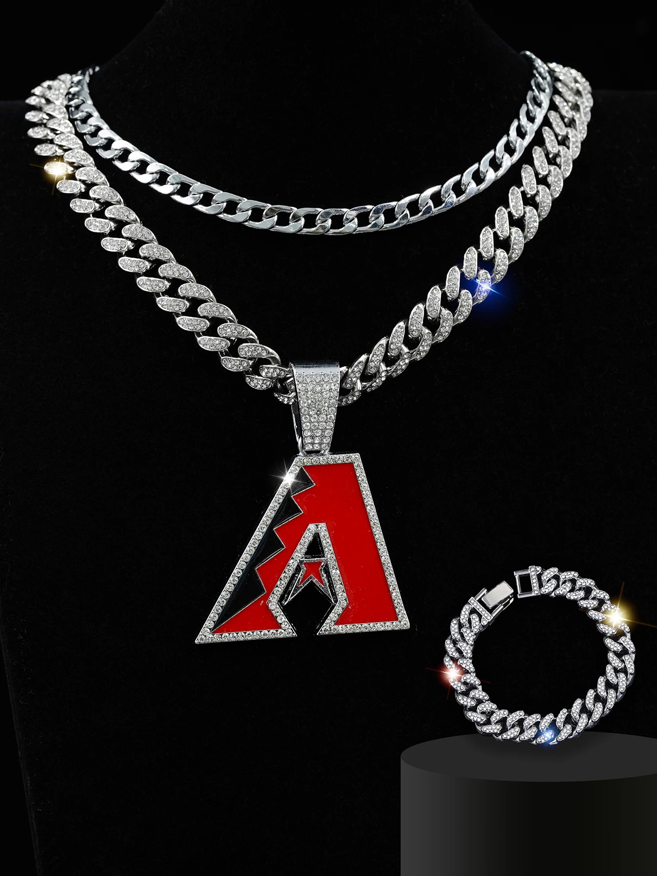 3Pcs/Set Zinc Alloy letter A Pendant Necklace & Bracelet Plus Plain Stainless Steel Chain,Men\'s Personality Jewelry Daily Wear