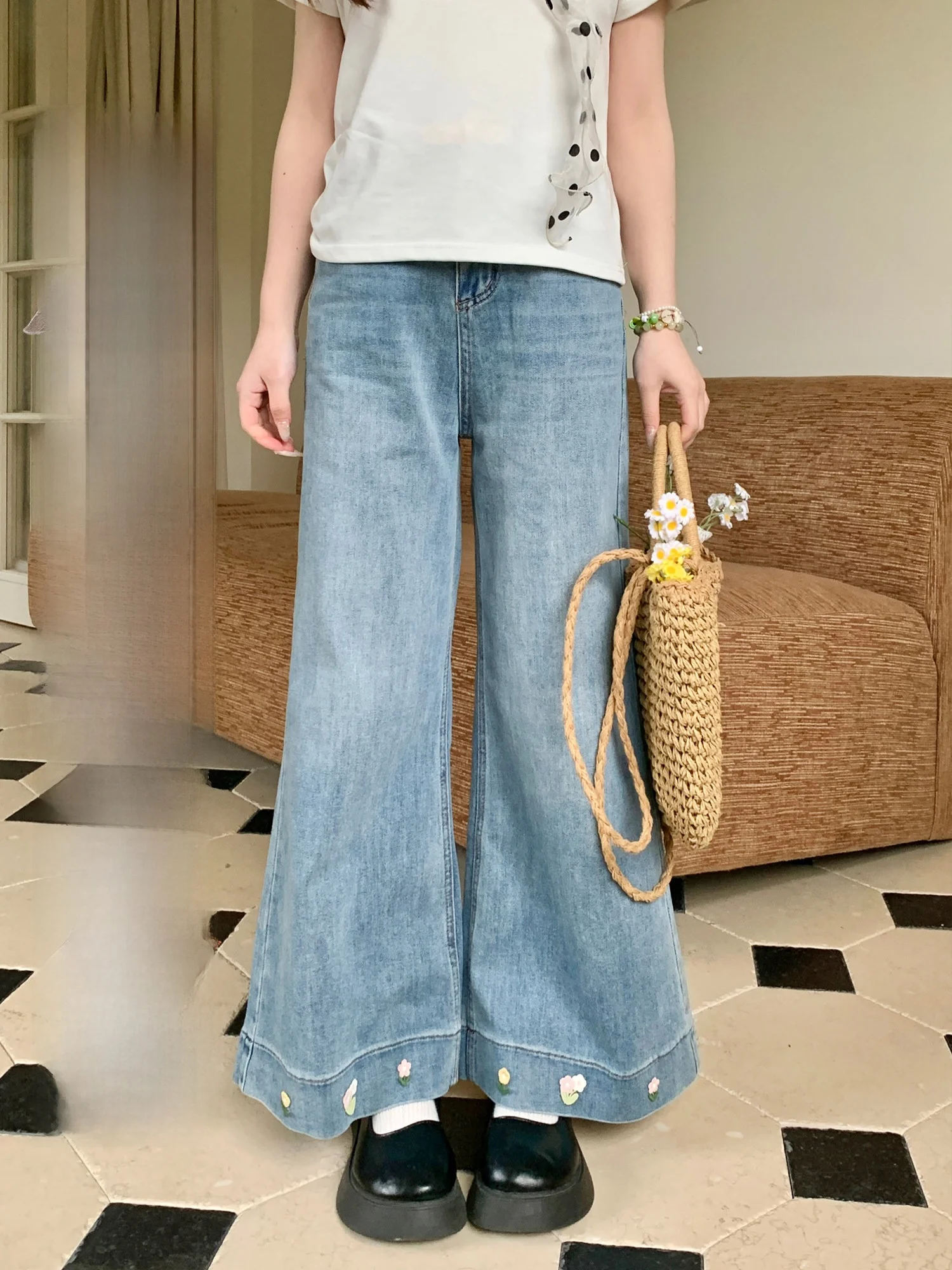 

Джинсы BibiBency с высокой талией, синие, с цветочной вышивкой, широкие, расклешенные, женские, весна-лето, винтажные, облегающие, из денима