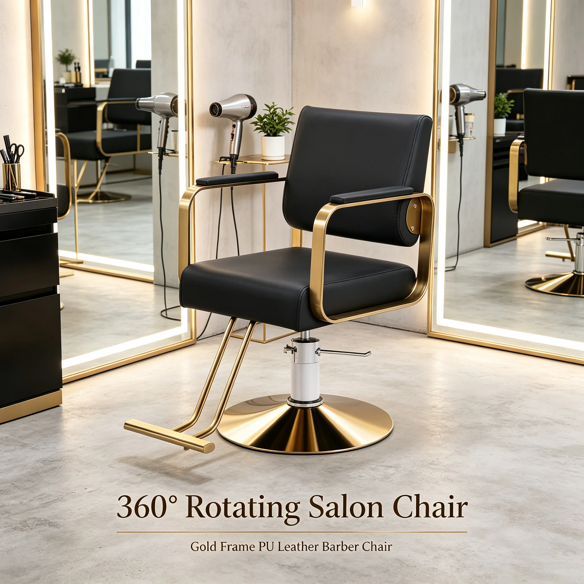360° Rotating Salon Chair with Hydraulic Pump, Barber Stylist Chair PU Leather Cushion & Chrome Base, 440 lbs Capacity for Beauty Salon, Gold Frame Black Seat